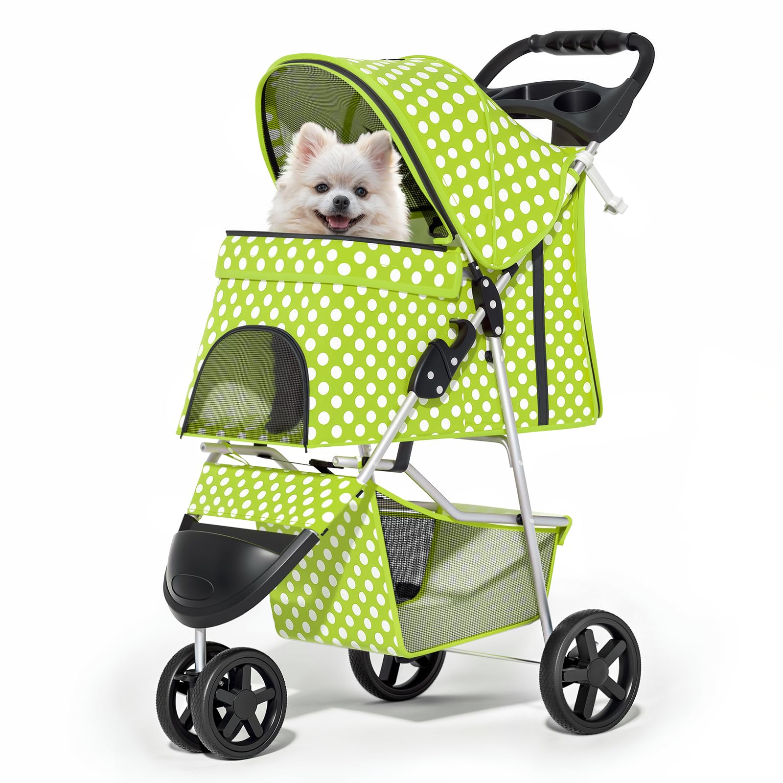 MoNiBloom 3 Wheels Pet Dog Cat Stroller for Small Medium Dogs Cats, Foldable Jogger Stroller w/Storage Basket and Cup Holder, Lawn Green Polka Dots