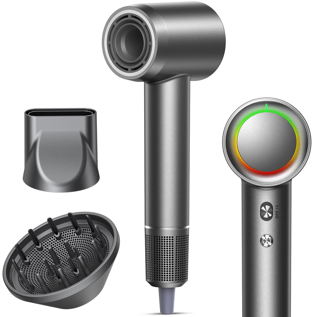 Professional High-Speed Hair Dryer, 160000 RPM Brushless Motor Blow Dryer, 500M Negative Ions for Hair Protection, 4 Heat & Speed Settings, Thermo-Control Hairdryer, Lightweight, Low Noise, Magnetic Nozzle & Diffuser, Grey