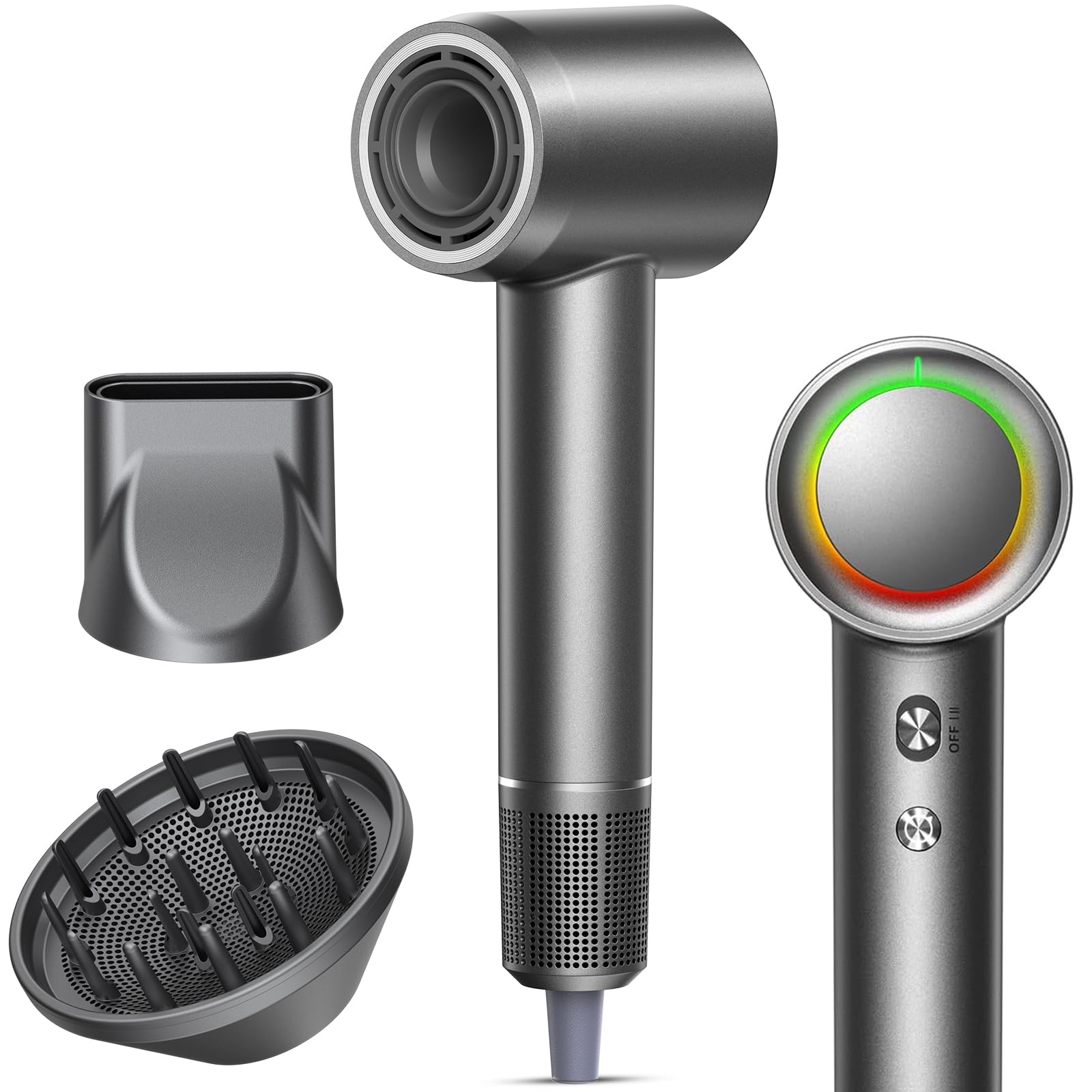 Professional High-Speed Hair Dryer, 160000 RPM Brushless Motor Blow Dryer, 500M Negative Ions for Hair Protection, 4 Heat & Speed Settings, Thermo-Control Hairdryer, Lightweight, Low Noise, Magnetic Nozzle & Diffuser, Grey