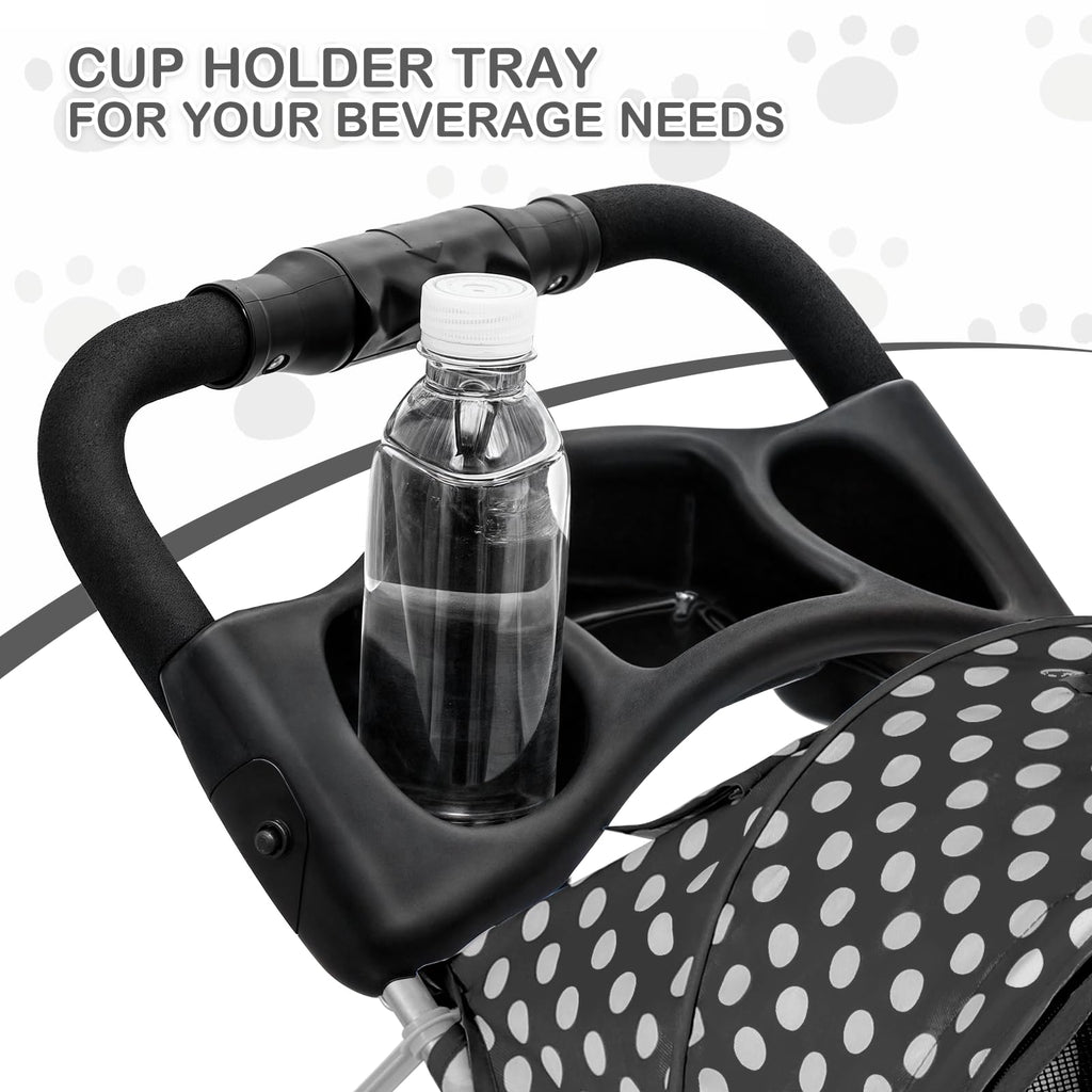 MoNiBloom 3 Wheels Pet Dog Cat Stroller for Small Medium Dogs Cats, Foldable Jogger Stroller w/Storage Basket and Cup Holder, Black Polka Dots