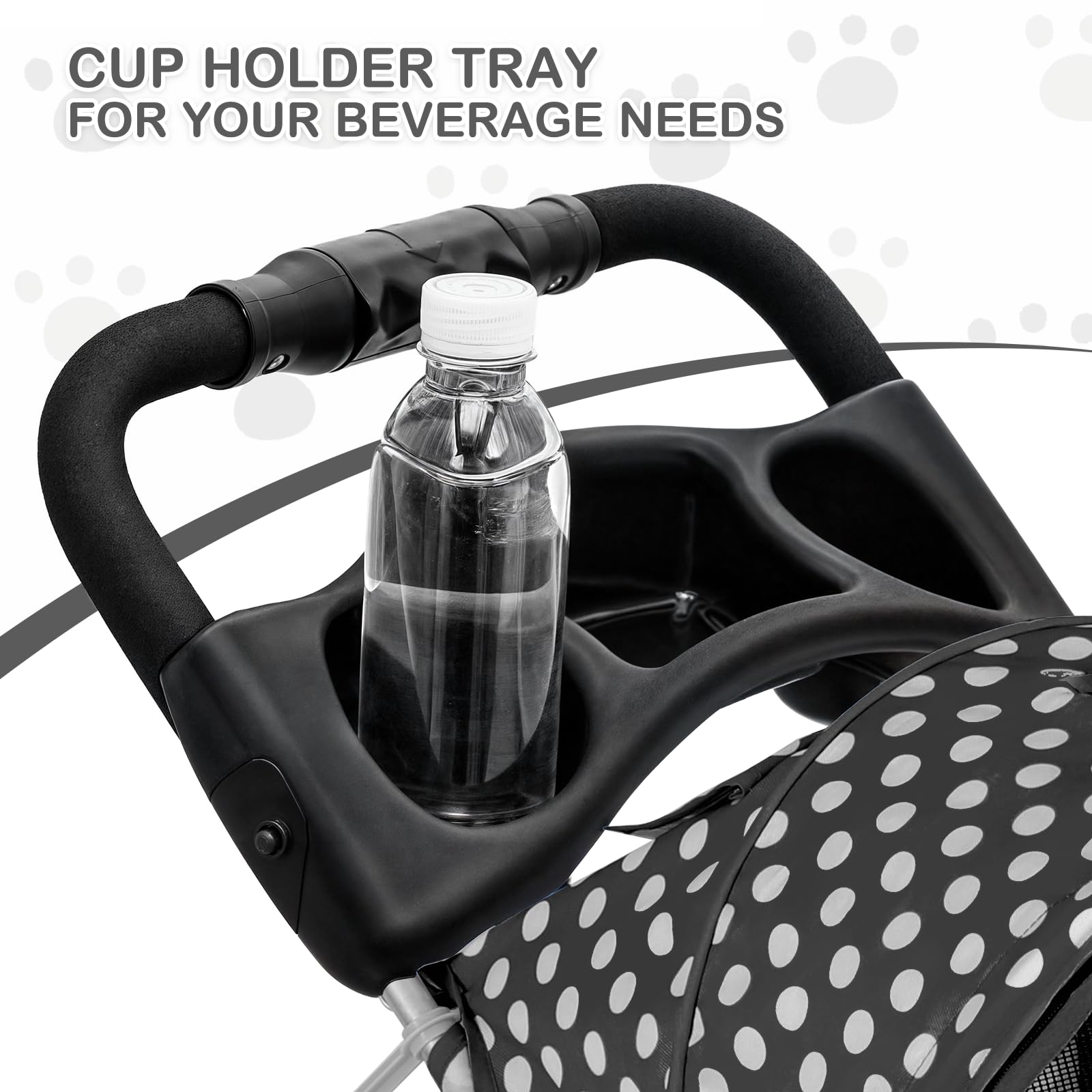 MoNiBloom 3 Wheels Pet Dog Cat Stroller for Small Medium Dogs Cats, Foldable Jogger Stroller w/Storage Basket and Cup Holder, Black Polka Dots