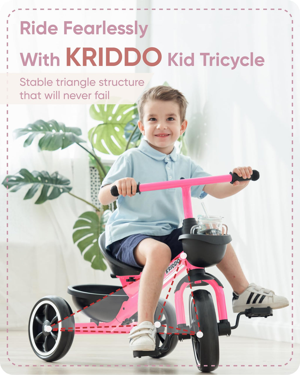 KRIDDO Tricycle for 2-5 Year Olds - Pink Toddler Trike With Gift for 24 Month to 4 Year Old Girls