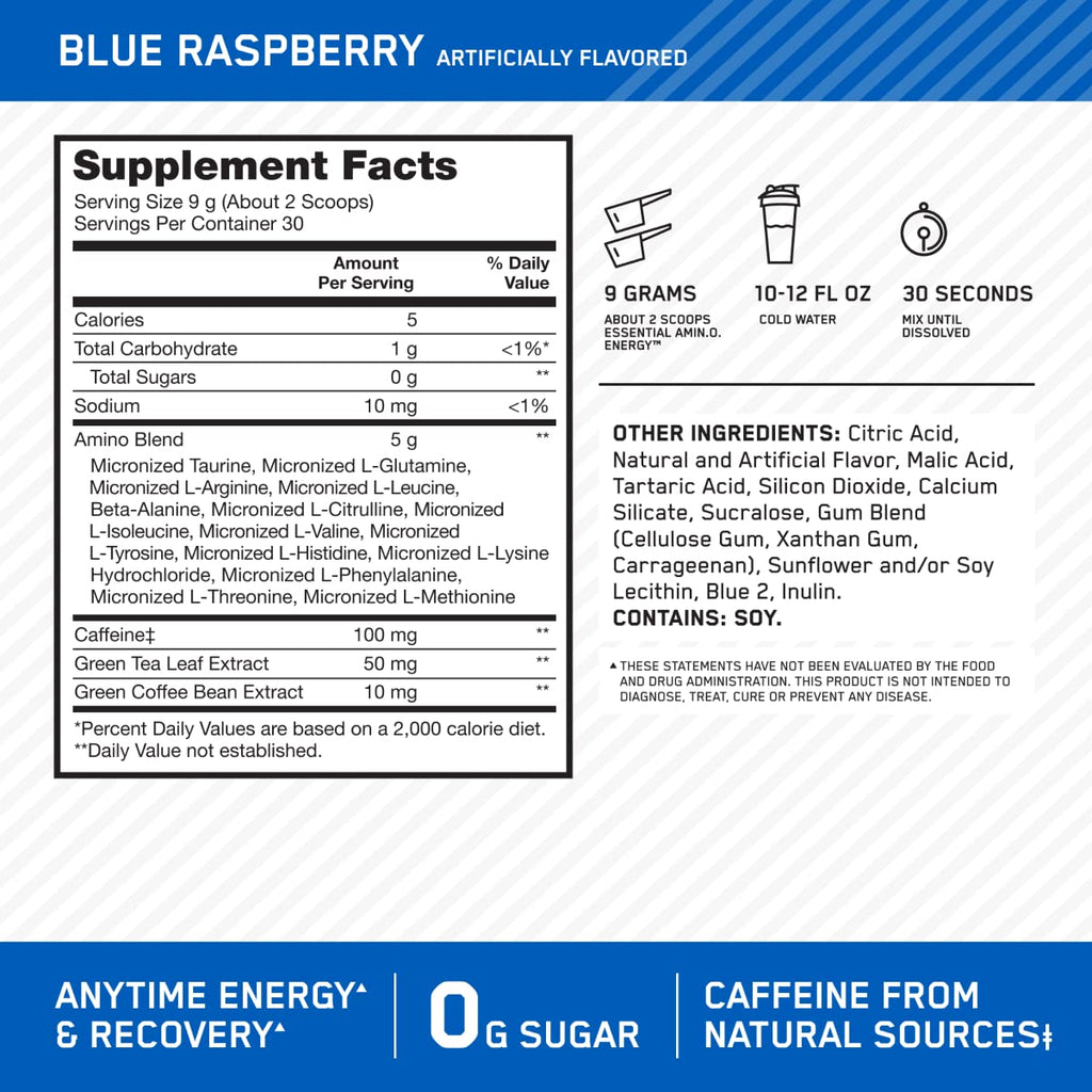 Optimum Nutrition Amino Energy - Pre Workout with Green Tea, BCAA, Amino Acids & Micronized Creatine Monohydrate Powder, Unflavored, Keto Friendly, 60 Serving