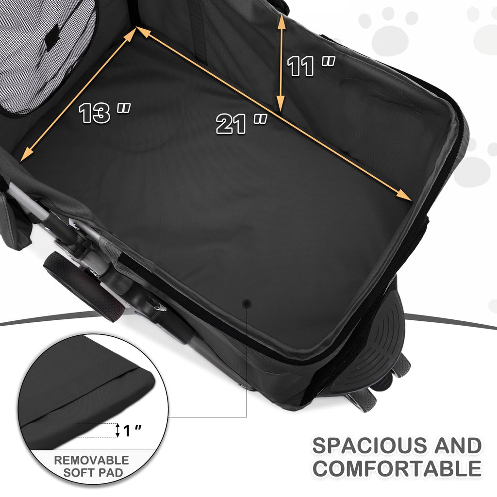 MoNiBloom Foldable Pet Stroller with Weather Cover, 3 Wheels Pet Strolling Cart for Small/Medium Dogs and Cats with Storage Basket and Cup Holder, Breathable and Visible Mesh for All-Season, Black
