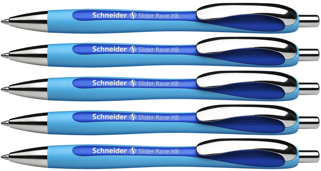 Schneider Slider Rave XB (Extra Broad) Ballpoint Pens, Refillable + Retractable, 1.4 mm, Light Blue Barrel, Blue Ink, Box of 5 Pens (132503)