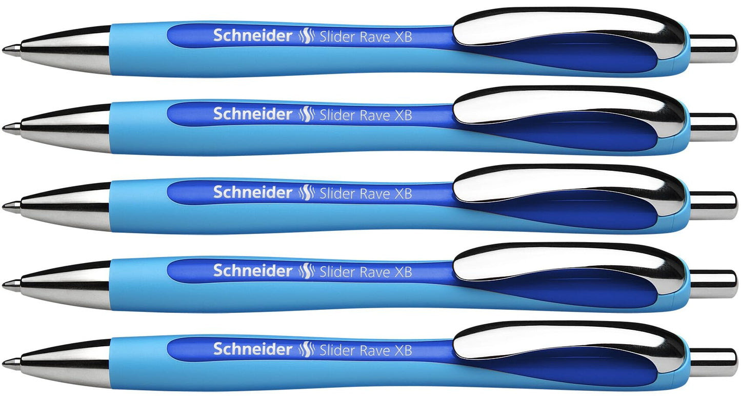 Schneider Slider Rave XB (Extra Broad) Ballpoint Pens, Refillable + Retractable, 1.4 mm, Light Blue Barrel, Blue Ink, Box of 5 Pens (132503)