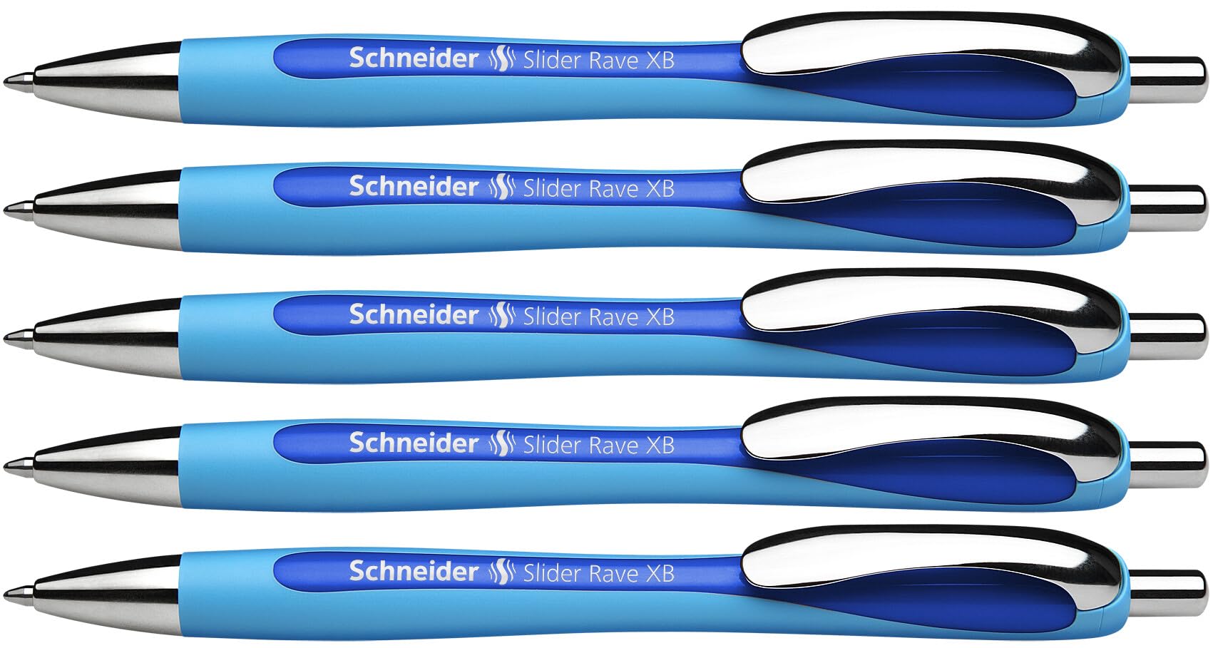 Schneider Slider Rave XB (Extra Broad) Ballpoint Pens, Refillable + Retractable, 1.4 mm, Light Blue Barrel, Blue Ink, Box of 5 Pens (132503)