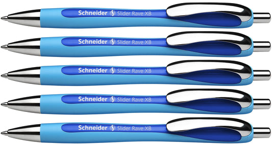 Schneider Slider Rave XB (Extra Broad) Ballpoint Pens, Refillable + Retractable, 1.4 mm, Light Blue Barrel, Blue Ink, Box of 5 Pens (132503)