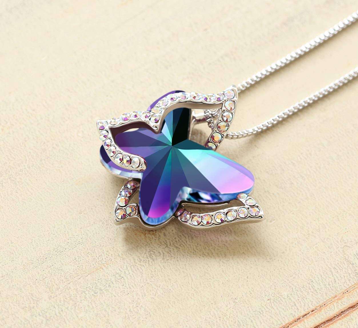 GEMMANCE Gift Butterfly Crystal Necklace with Rainbow Fluorite Purple Healing Stone for Calming Mind, Silver, Tone, 18”+2” Chain