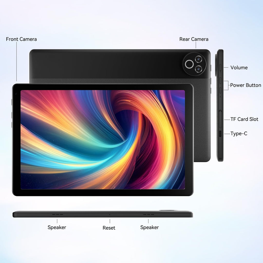tablet de 10 pulgadas con Android 15 OS GMS certificadas tabletas PC 1.8 GHz 5-Core 20 (3+17) GB RAM 64 GB ROM 1 TB expandible 1280x800 HD IPS visualización táctil 5000 mAh WiFi 6 Bluetooth 5.4 cámara