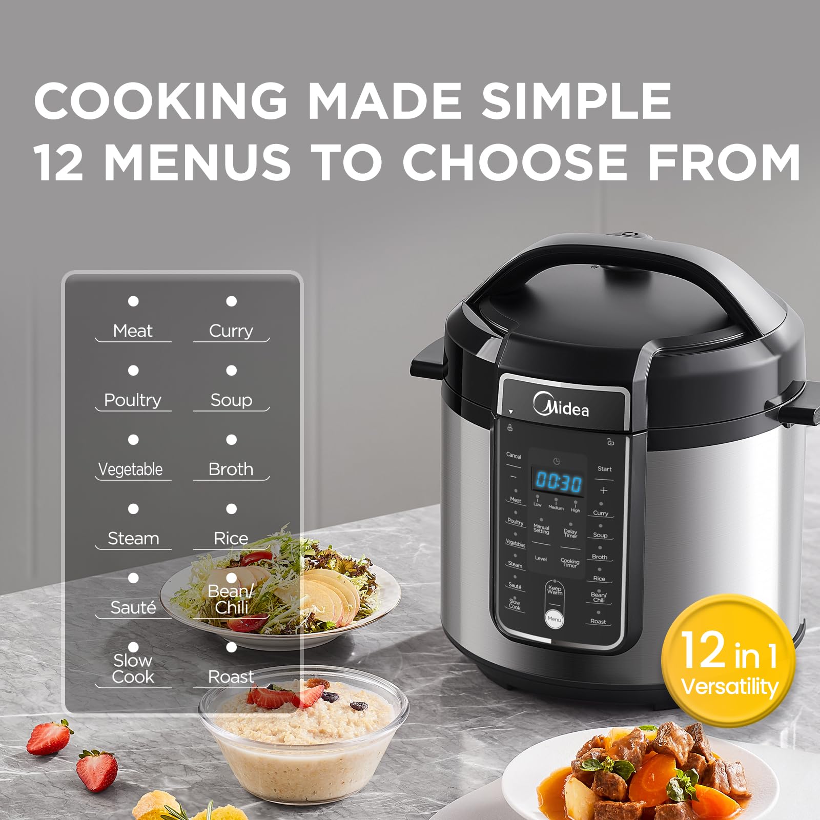 Midea 6L Electric Pressure Cooker, Stainless Steel, 12 Presets, 24H Delay | Non-Stick Inner Pot, 12 Preset Cooking Functions, LED Display, 10 Safety Features, 24H Delay Timer, Black, MPC60010