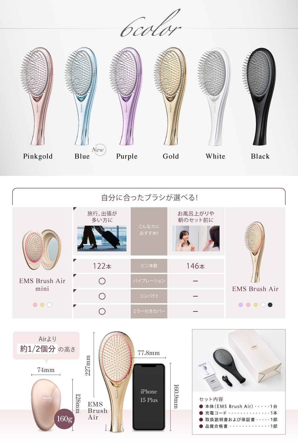 Wavewave EMS Brush, Air Hair Brush, Comb, Hair Care, Cushion Brush, Negative Ion Brush, Anti-Static, Scalp Care, Improve Hair Quality, Shiny Hair, Red LED Function, Portable, Hair Brush, First 4