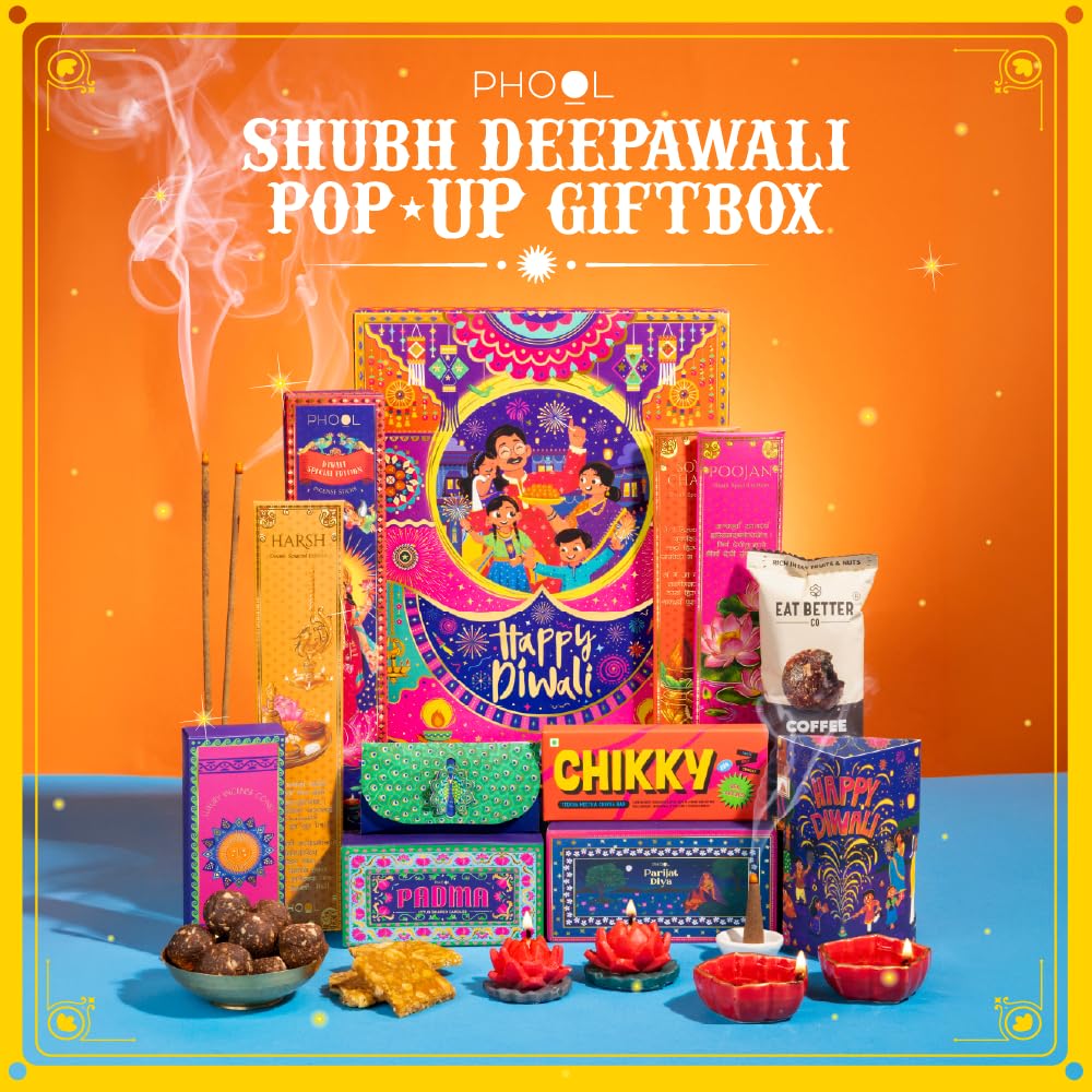 Phool 10 item Shubh Diwali Popup with Lantern Giftbox - Diwali gift hamper with dry fruit ladoo, bombay bhel chikki, diya, candles and more. Gift for Family & Corporate Gifting 2026