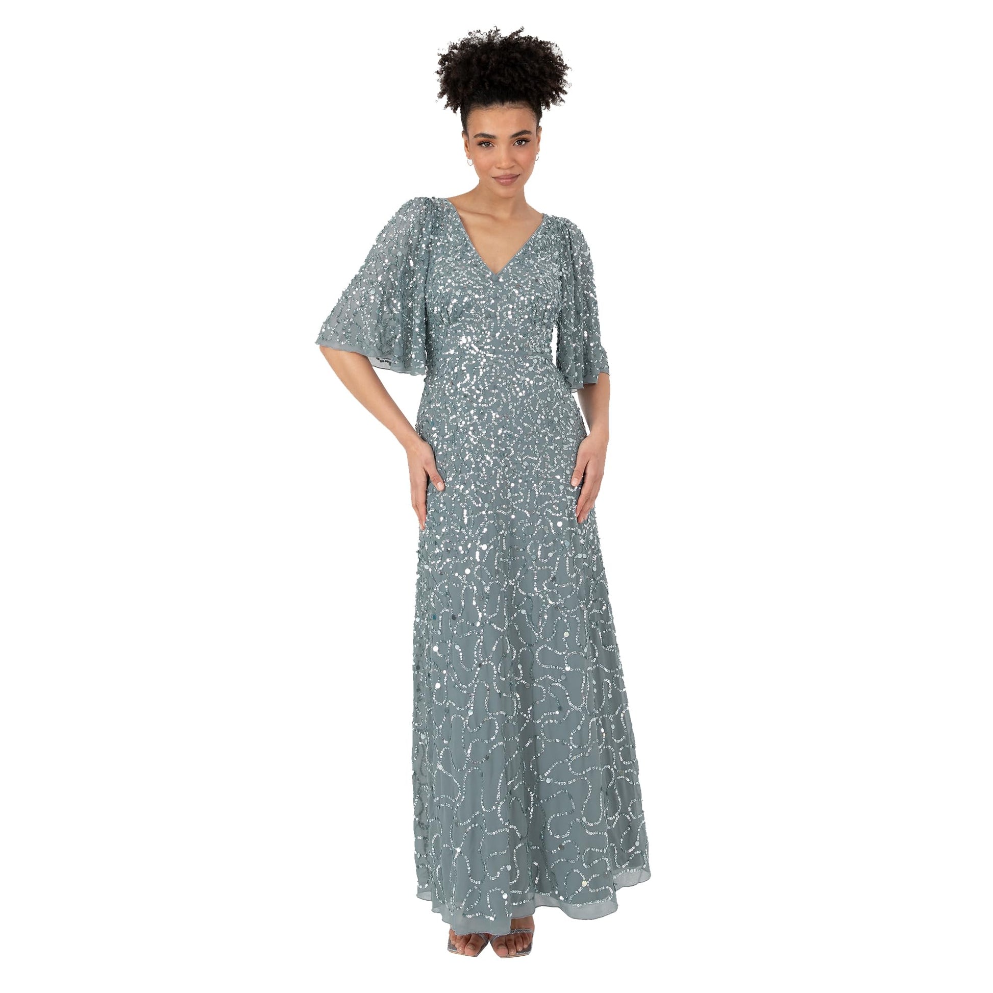 Maya Deluxe Women's Ladies Maxi Dress V-Neck Short Angel Sleeve Sequin Embellished A-Line Bridesmaid Wedding Guest Prom Ball Gown Vestido, Misty Green, 36 De Las Mujeres