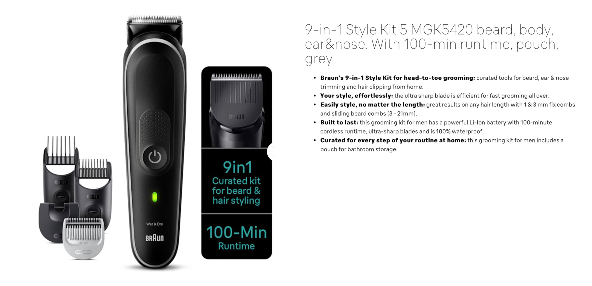 Braun Multi-Groomer Series 5 MGK5420 Men's 9-in-1 Moustache Hair Ear Nose Care Boch Waterproof Design Rechargeable 100 Minutes of Operation on One Charge