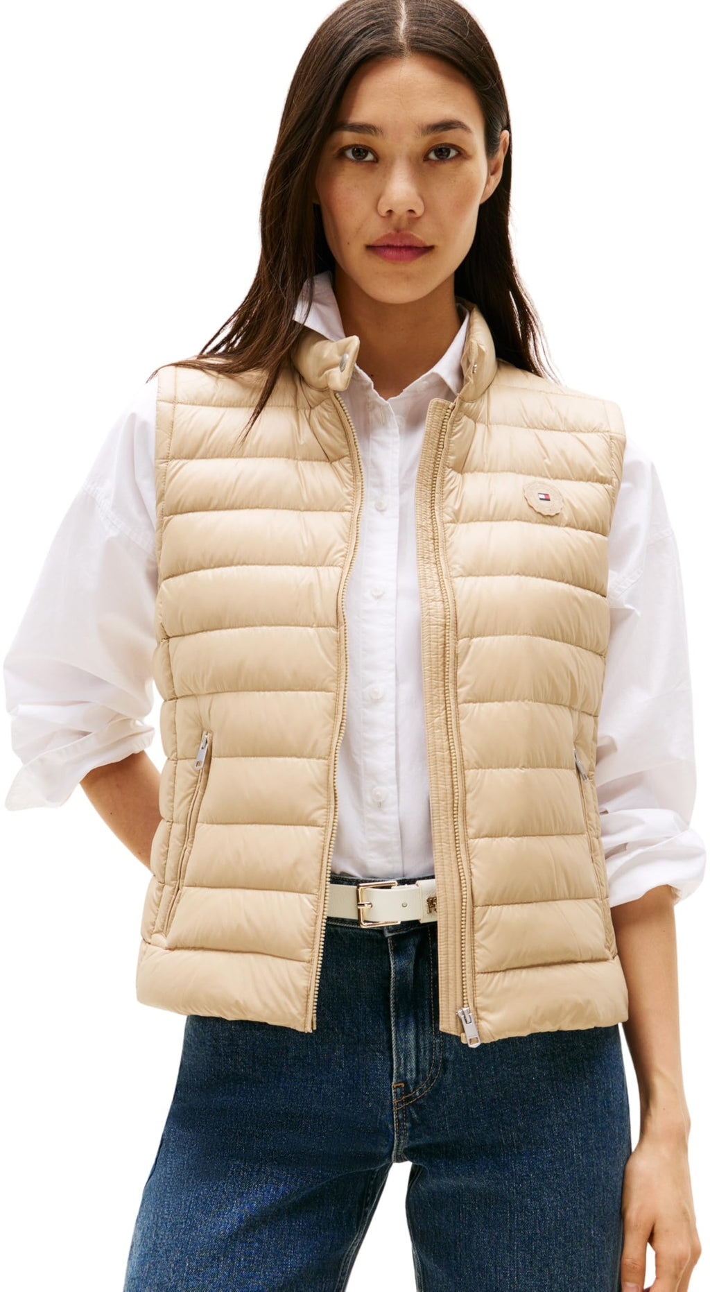 Tommy Hilfiger Chaleco Mujer con cuello vuelto, Beige (Beige), M
