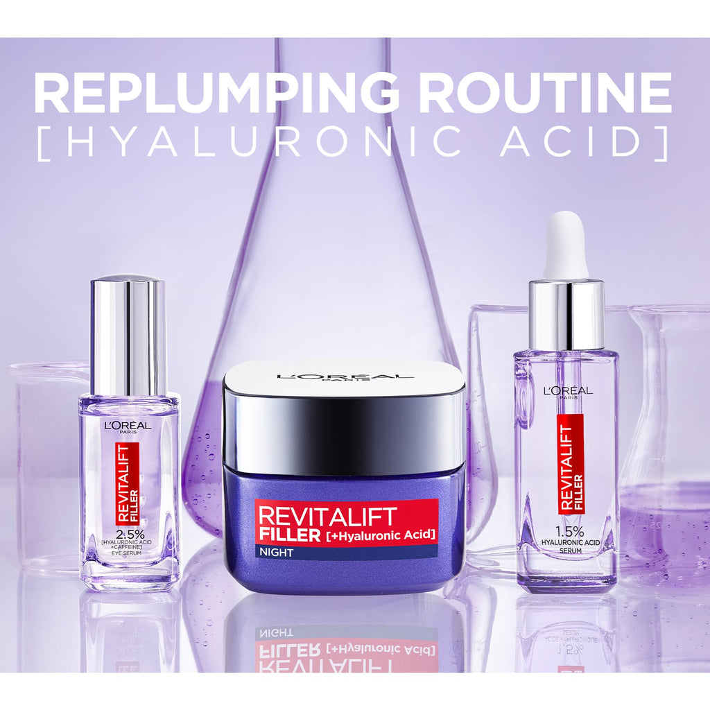 L’Oréal Paris Revitalift Filler Replumping Anti-Ageing Night Cream, Smooth Wrinkles, Moisturise, and Replumps Skin with Micro and Micro-Epidermic Hyaluronic Acid, 50ml