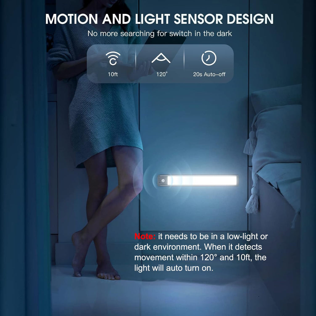 MCGOR 10inch Under Cabinet Lighting, 2 Pack Rechargeable Motion Sensor Light Indoor, 5 Levels Dimmable Magnetic Closet Lights, Wireless Under Counter Lights for Kitchen, Stairs