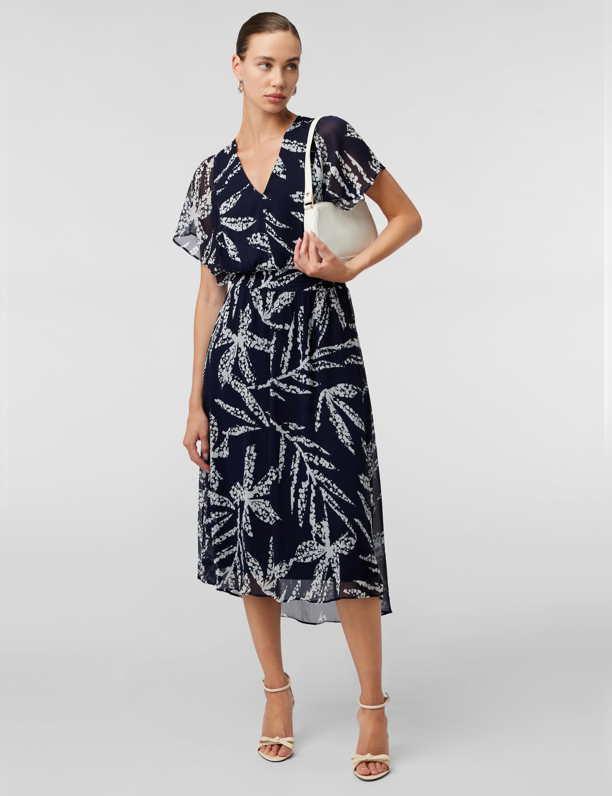 DKNY V-Neck Flutter Sleeve Dress Vestido, Azul Marino/Marfil, 38 Mujeres