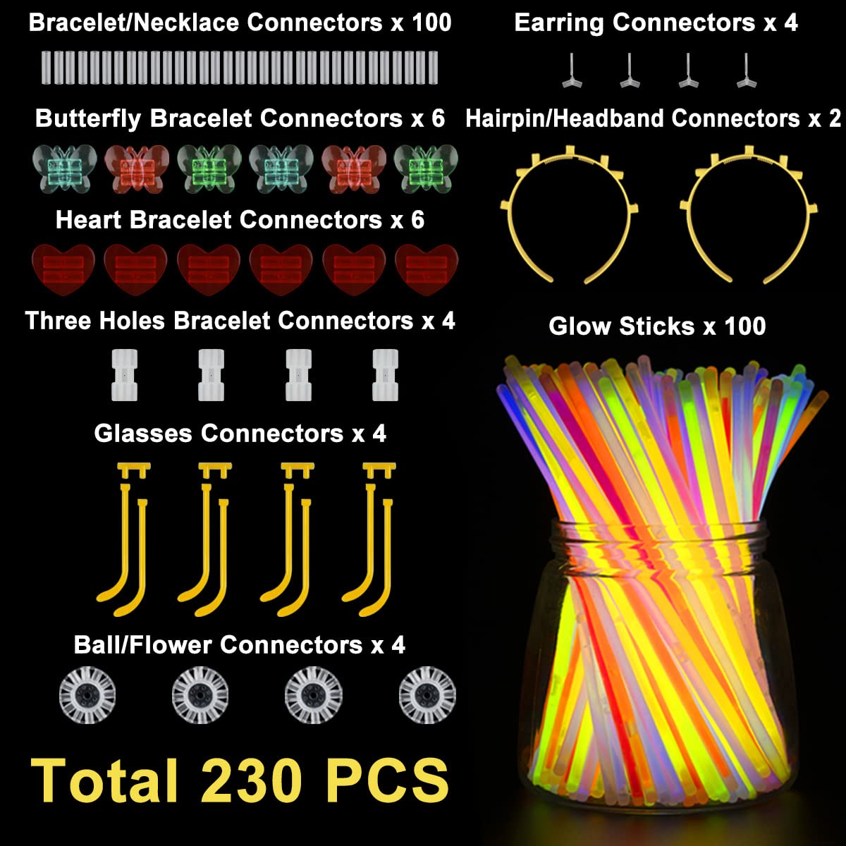 Millegu 230 Glow Sticks Bulk Party Pack, 8" Glow In The Dark Stick Party Supplies, 7 Colors Neon Bracelets Necklaces Eyeglasses, Glowsticks for Kids Adults Halloween July 4th Party Favors