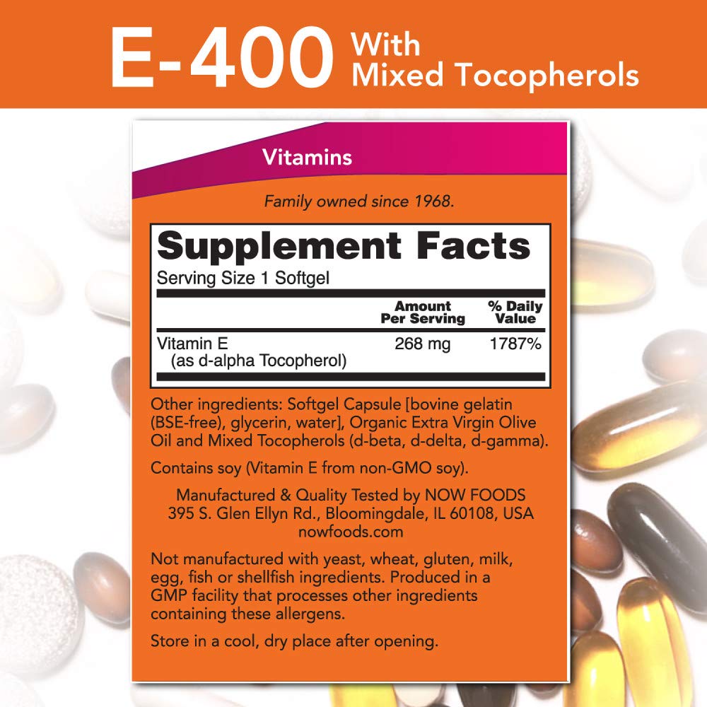 NOW Supplements, Vitamin E-400 IU Mixed Tocopherols, Antioxidant Protection*, 250 Softgels