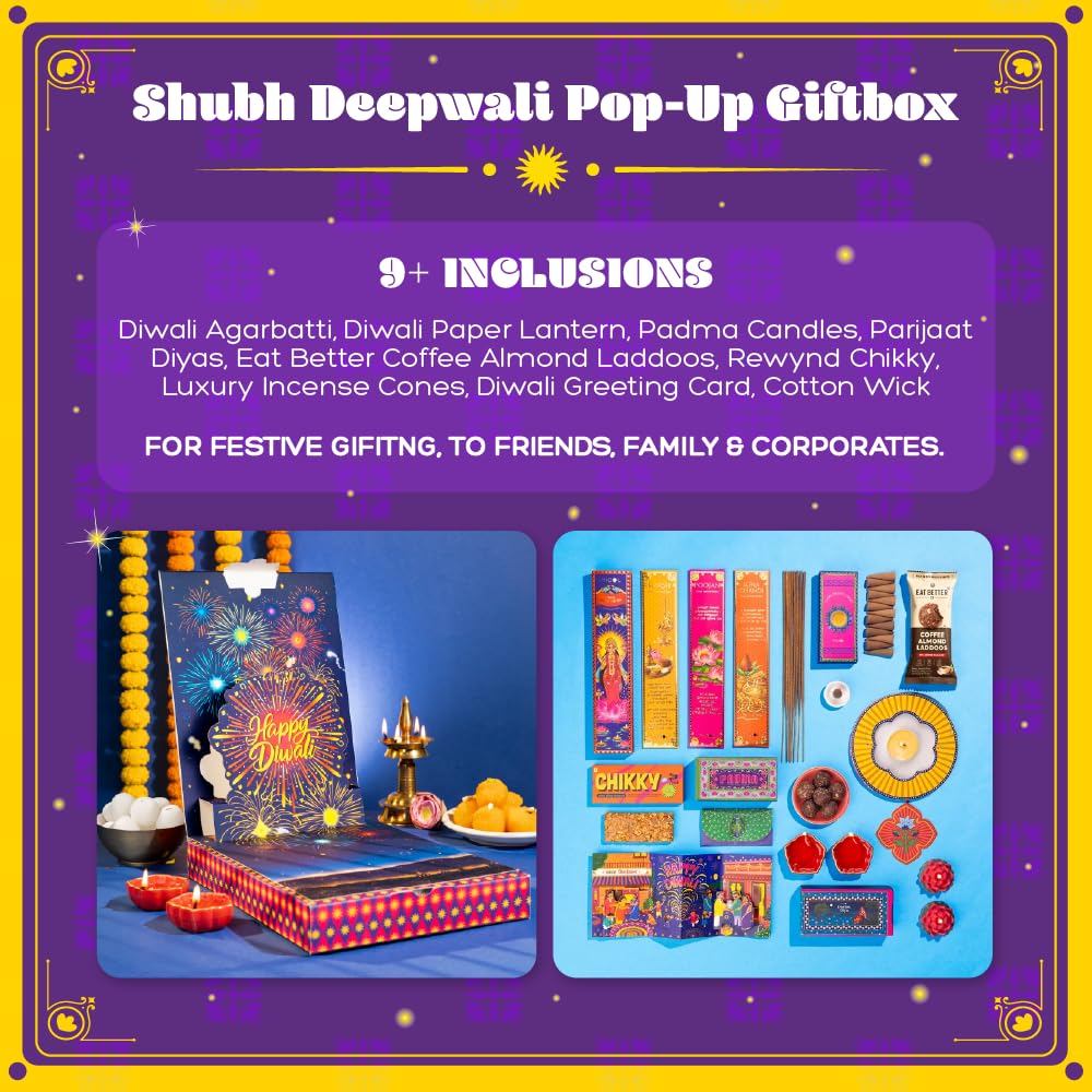 Phool 10 item Shubh Diwali Popup with Lantern Giftbox - Diwali gift hamper with dry fruit ladoo, bombay bhel chikki, diya, candles and more. Gift for Family & Corporate Gifting 2026