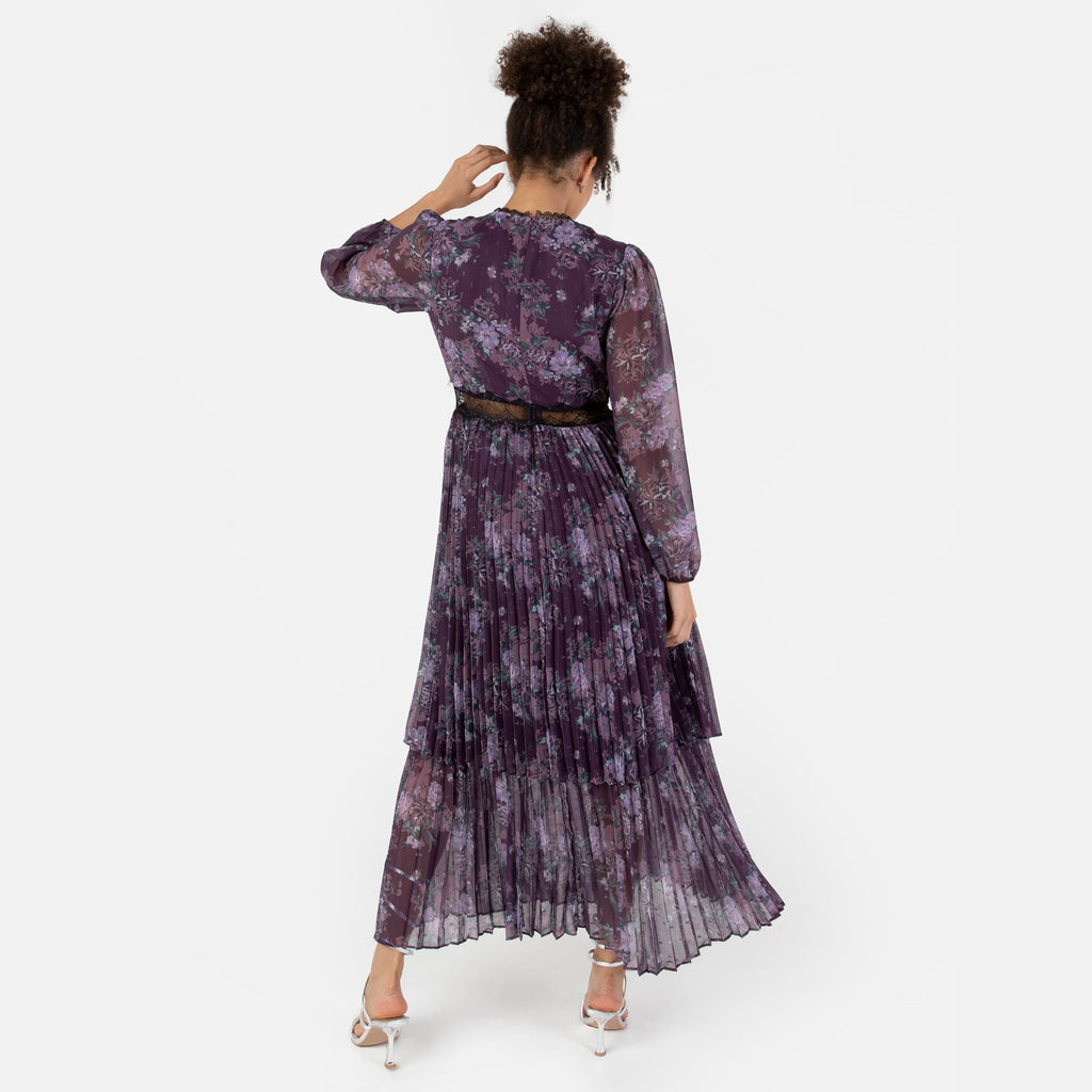 Anaya with Love Women's Midaxi Dress Ladies Long Blouson Sleeve V-Neck Tiered Pleated Lace Insert Empire A-Line Wedding Guest Evening Vestido, Purple Floral, 46 para Mujer
