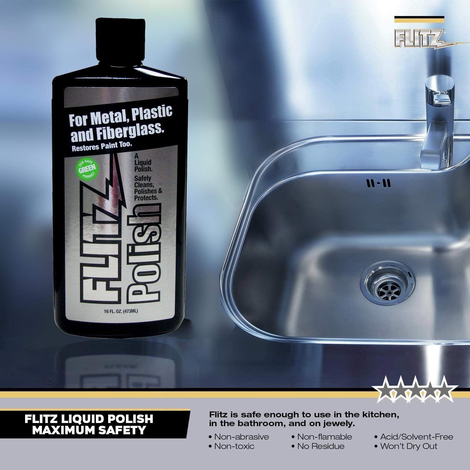 Flitz Multi Purpose Metal Polish Liquid - 7.6oz Bottle of USA-Made Tarnish Remover - For Aluminum, Chrome, Brass, Nickel, Silver - Non-Abrasive Metal Cleaner and Polish, Restorer (3 Pack)