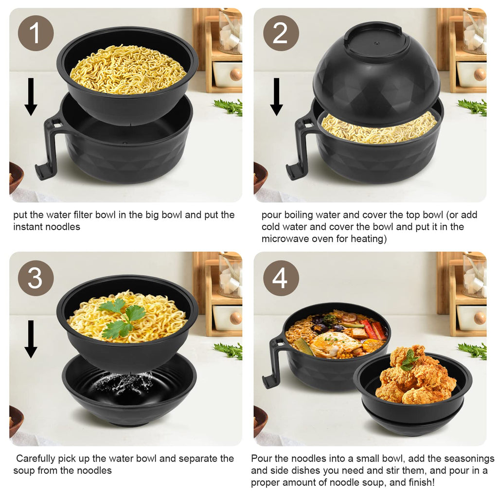 Anyfeel Microwave Ramen Bowl 6-piece Set Ramen Bowl Set Ramen Cooker with Phone Holder Dishwasher Safe for College Dorm Room Office Instant Cooking (black)