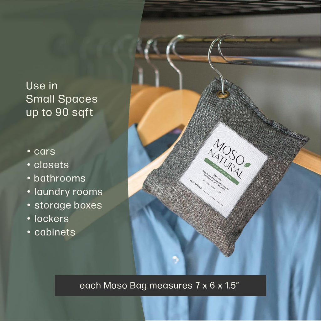 Moso Natural Hava Temizleme Torbası 200 g (4 Paket) Arabalar, Dolaplar, Banyo, Evcil Hayvan Alanları için Kokusuz Koku Giderici. Premium Moso Bambu Kömür Koku Emici (Kömür Grisi)