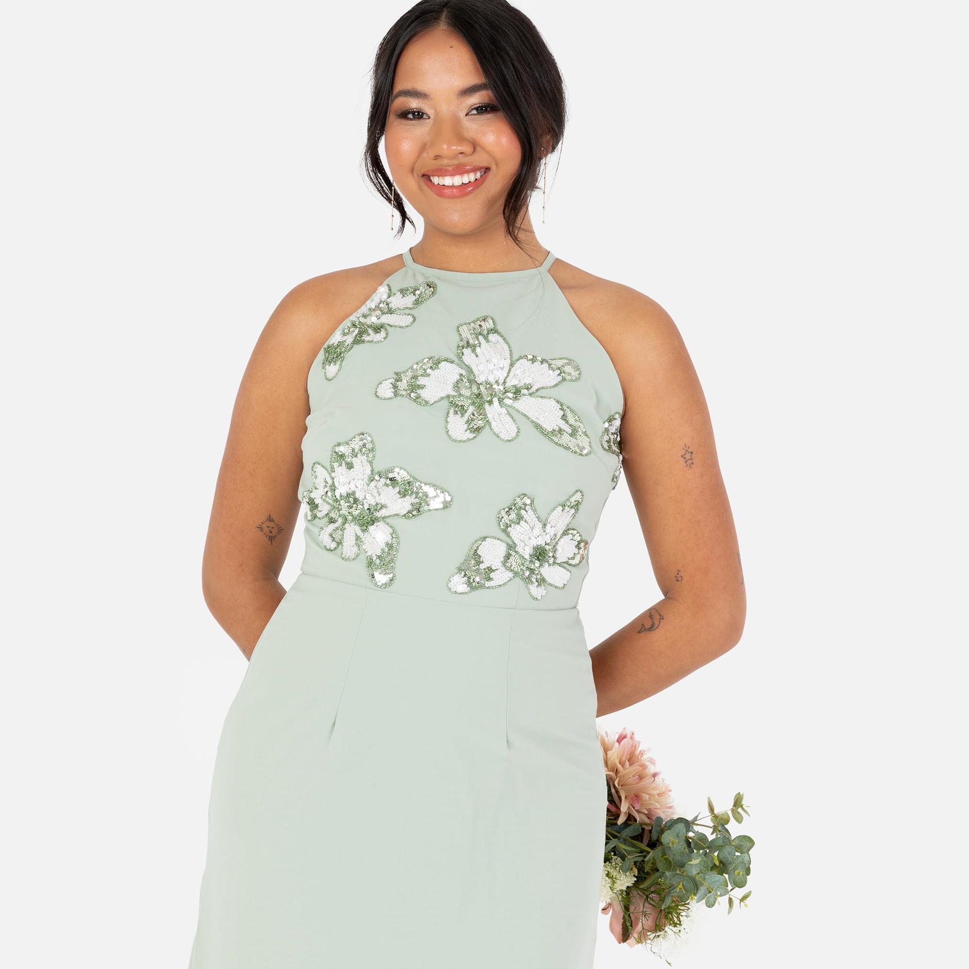 Maya Deluxe Women's Maxi Dress Ladies Sleeveless Halterneck Floral Sequin Embellished A-Line for Wedding Guest Evening Ball Gown Vestido, Green Lily, 48 para Mujer