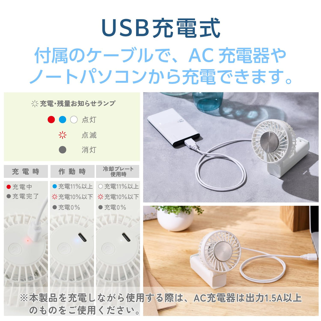 Elecom Handheld Fan with Cooling Plate 3 Adjustment Levels, Standing Carabiner, Folding Strap, USB Desk Fan with Type A Cable (White) FAN-U252WH