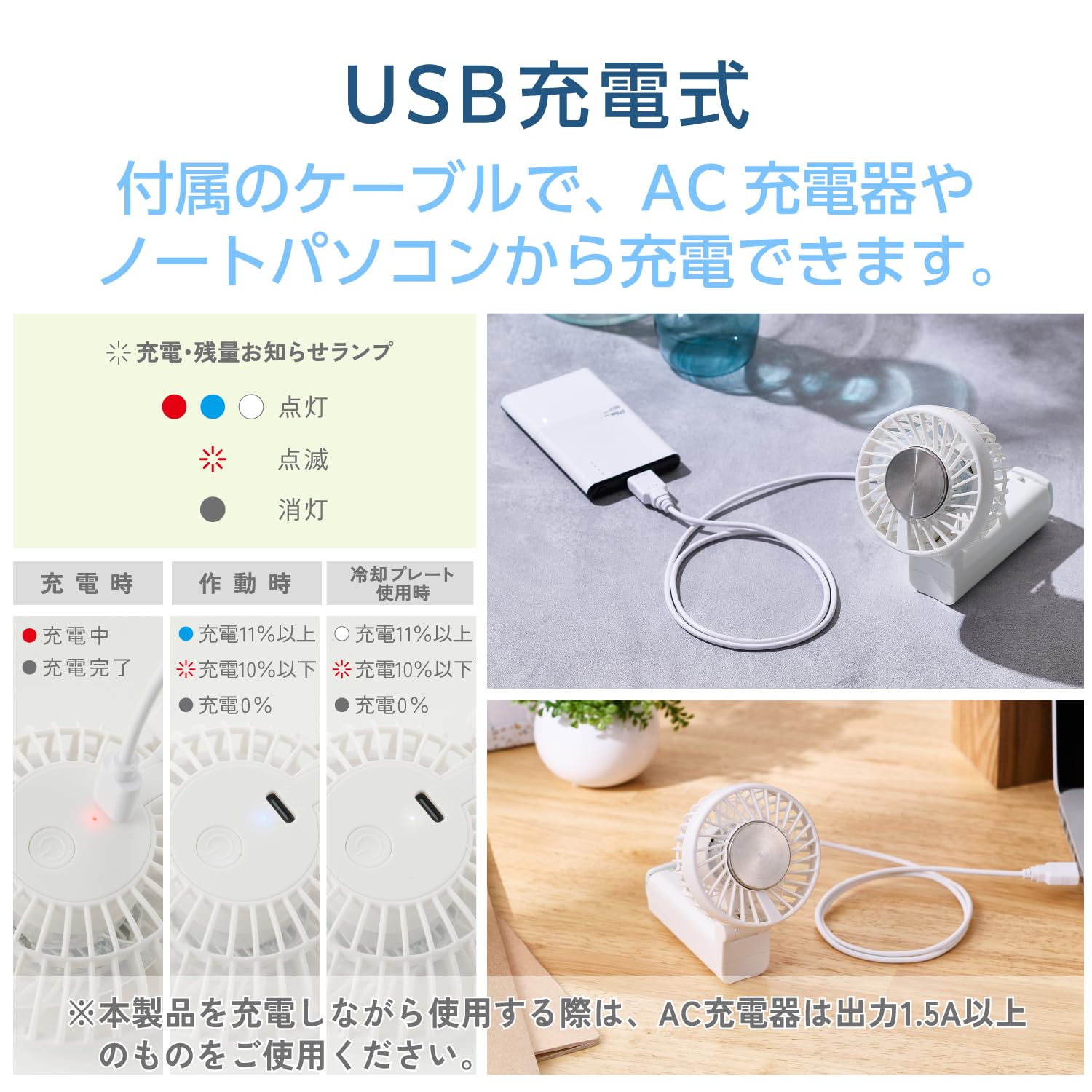 Elecom Handheld Fan with Cooling Plate 3 Adjustment Levels, Standing Carabiner, Folding Strap, USB Desk Fan with Type A Cable (White) FAN-U252WH