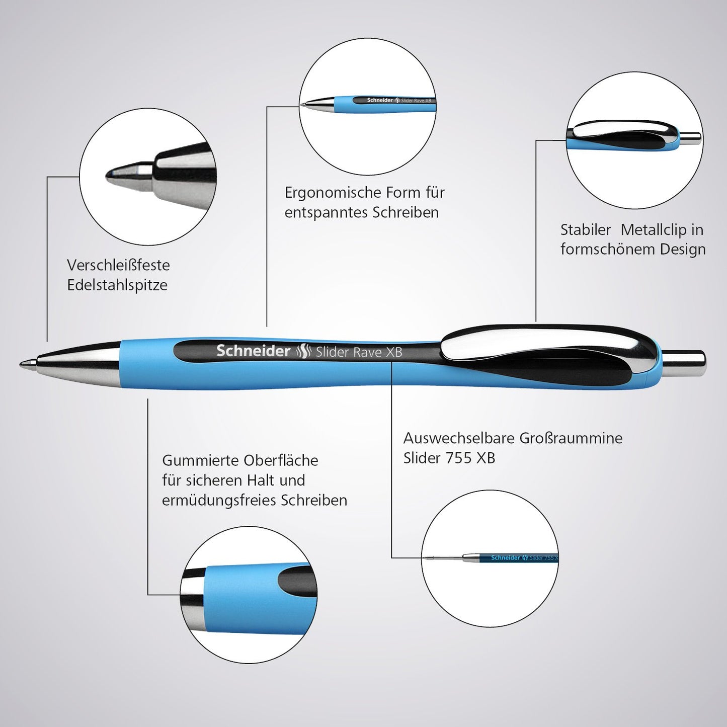 Schneider Slider Rave XB (Extra Broad) Ballpoint Pens, Refillable + Retractable, 1.4 mm, Light Blue Barrel, Blue Ink, Box of 5 Pens (132503)