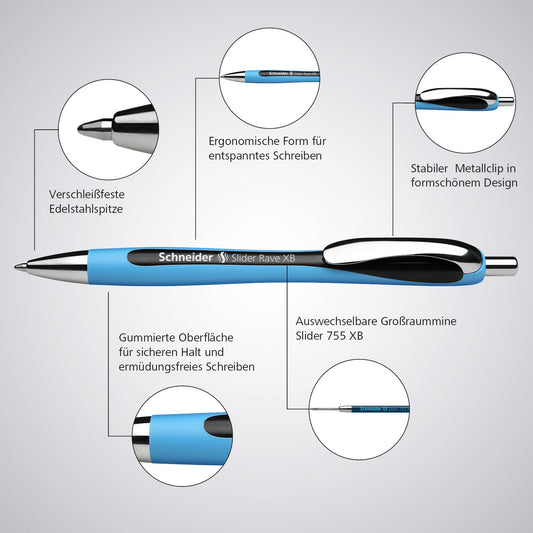 Schneider Slider Rave XB (Extra Broad) Ballpoint Pens, Refillable + Retractable, 1.4 mm, Light Blue Barrel, Blue Ink, Box of 5 Pens (132503)