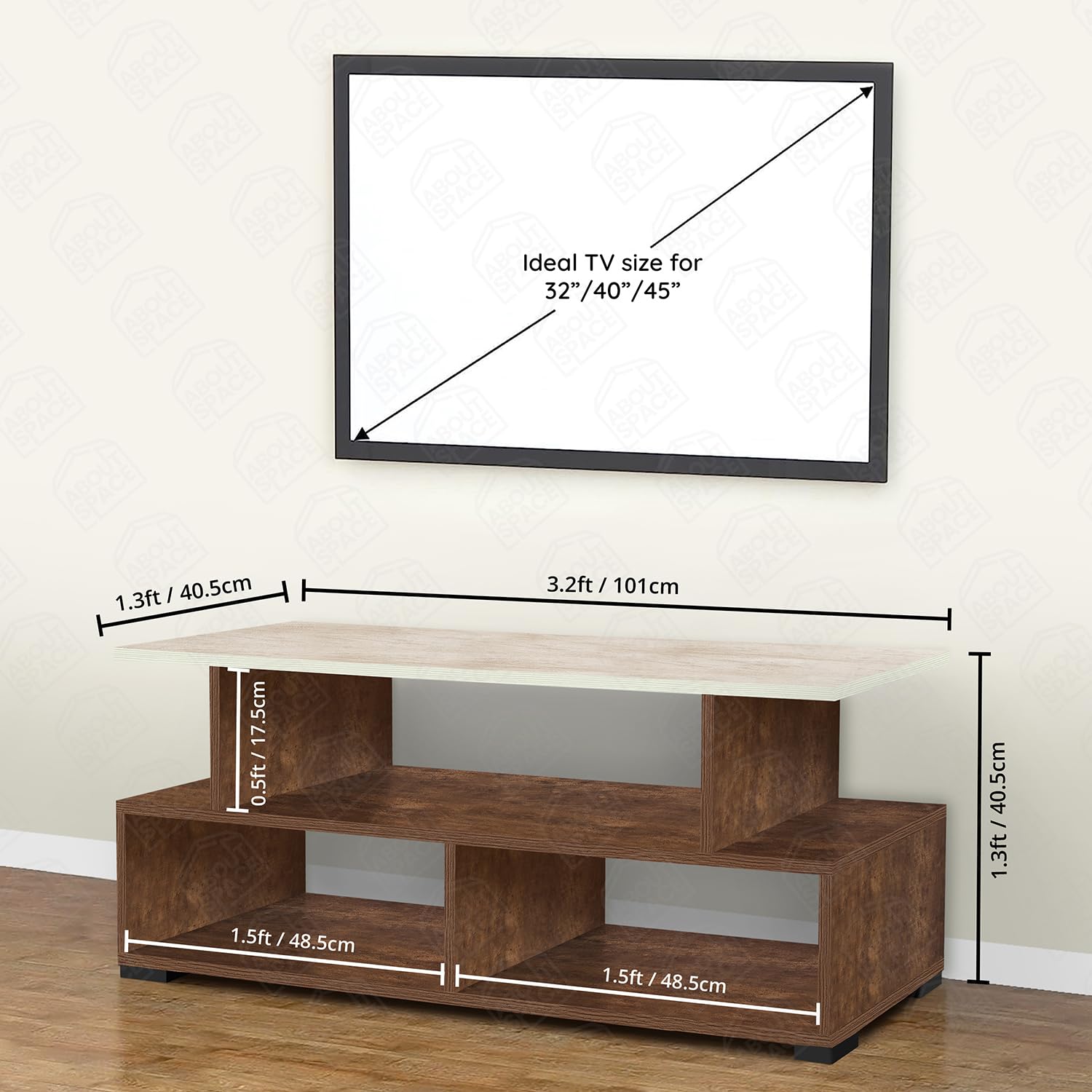 ABOUT SPACE TV Stand - Engineered Wood TV Showcase with Foot Pad Entertainment Console Shelf Storage for Set Top Box, Decor, Books for Living Room TV Unit - Walnut (L 101 x B 40.5 x H 41 cm)