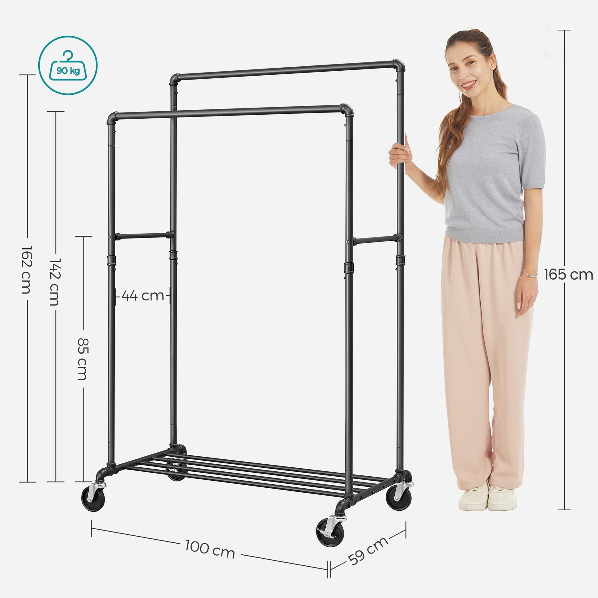 SONGMICS elbise askısı, elbise askısı, 2 elbise askısı ve raflı elbise askısı, tekerlekler, 110 kg'a kadar yük kapasitesi, endüstriyel tasarım, yatak odası, giyinme odası için, siyah HSR60B