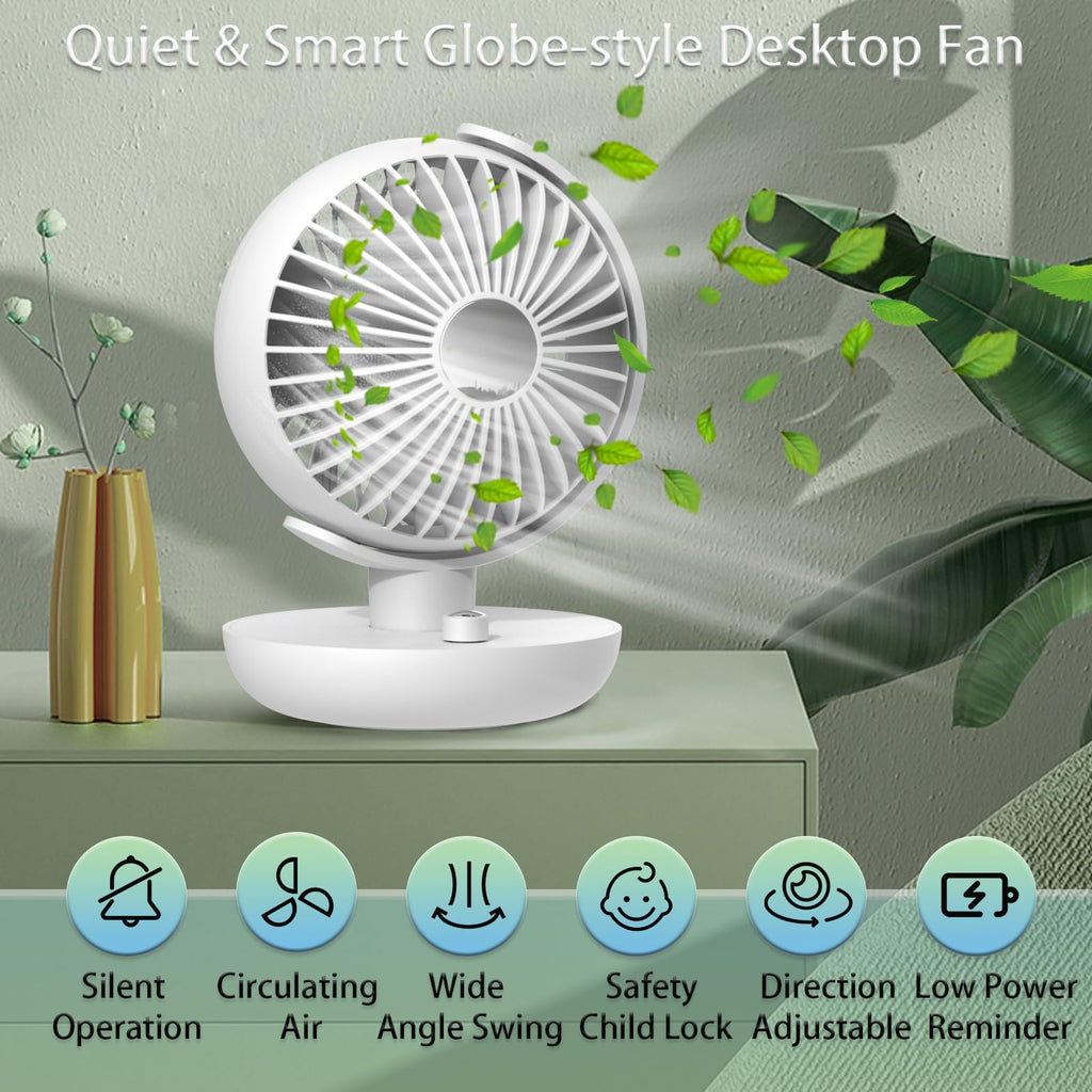Desk Fan, 5600mAh Adjustable Angle Battery Operated Fan with 3 Wind Speed Safety Child Lock Low Power Reminder, Low Nosie Portable Fan for Bedroom Home Office (White)