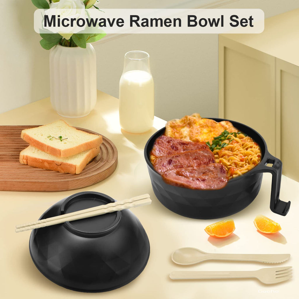 Anyfeel Microwave Ramen Bowl 6-piece Set Ramen Bowl Set Ramen Cooker with Phone Holder Dishwasher Safe for College Dorm Room Office Instant Cooking (black)