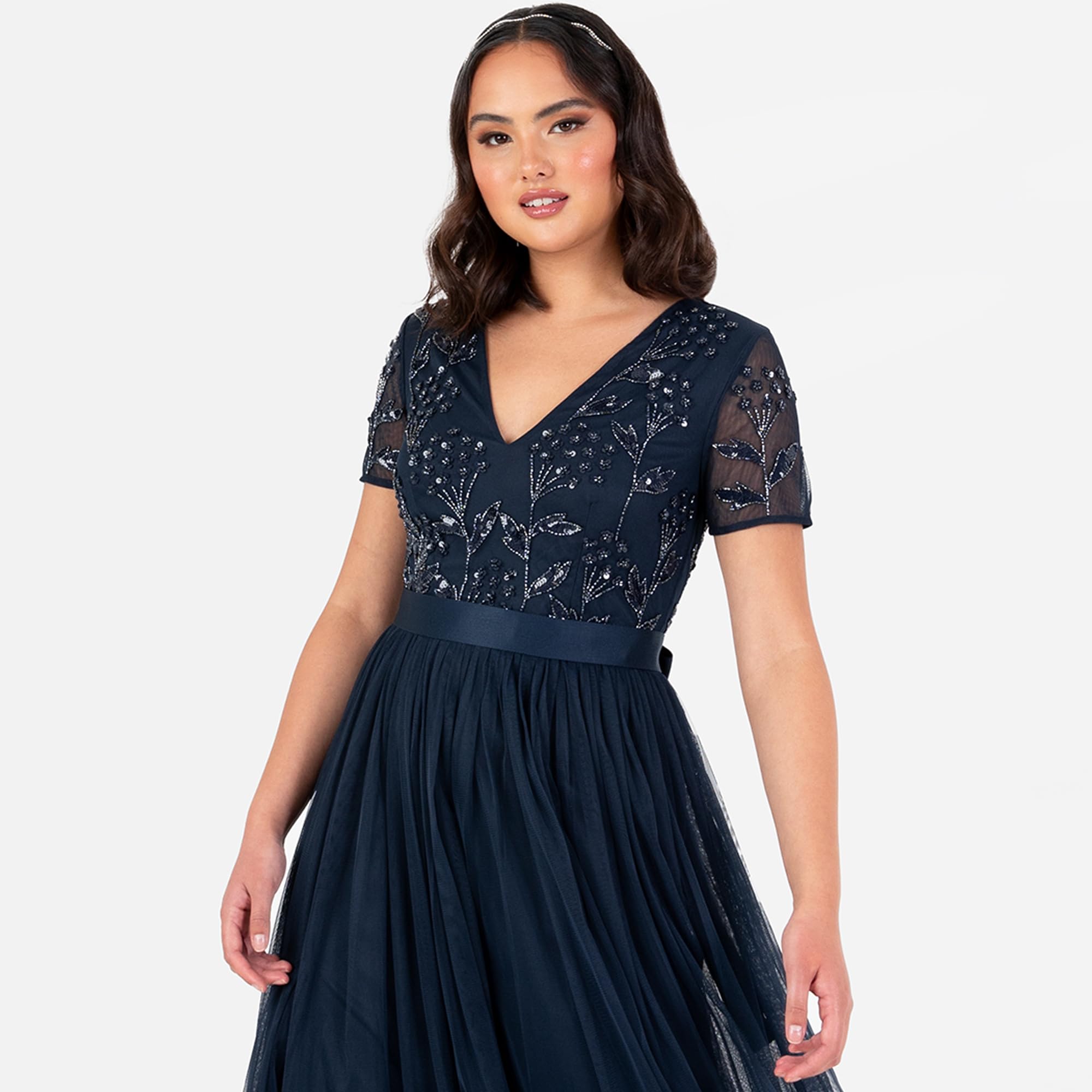 Maya Deluxe Women's Maxi Dress Ladies Floral Sequin Embellished V-Neck Short Sleeve Tulle Sash Tie Belt Empire A-Line Bridesmaid, Navy Blue, 52