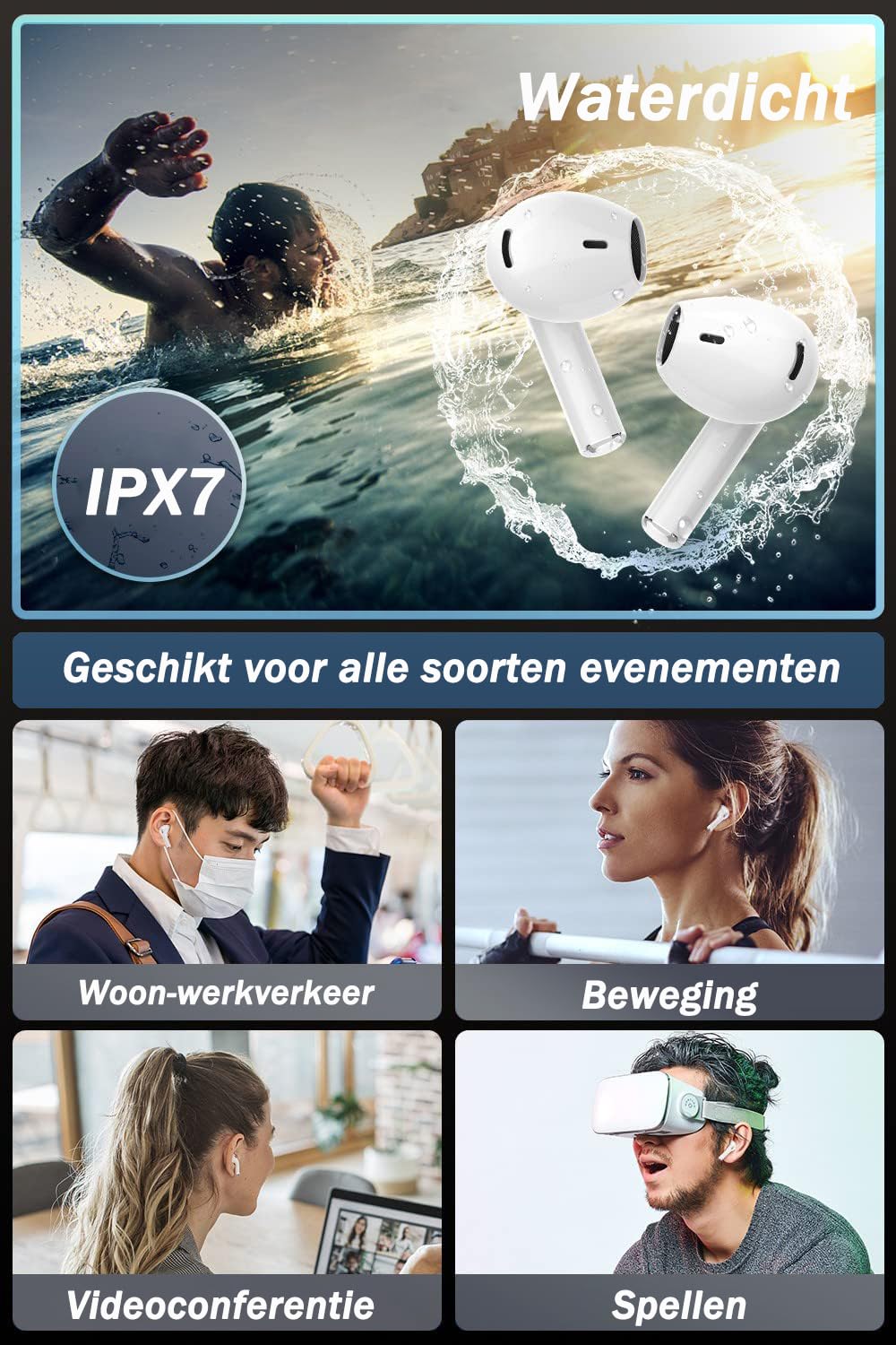 Draadloze Oortjes, ENC Ruisonderdrukkende Draadloze Bluetooth 5.3 Hoofdtelefoon, Draadloze Stereokoptelefoon Met Microfoon, Touch, IPX7 waterdicht, 35 uur speeltijd, Geschikt Voor Sport/Werk