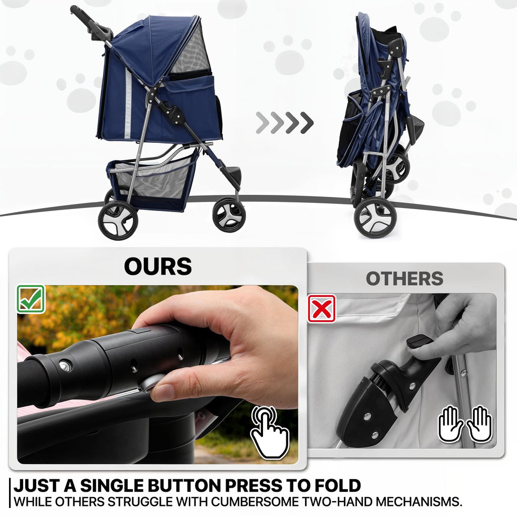 MoNiBloom 3 Wheels Pet Stroller, Foldable Dog Cat Cage Jogger Stroller with Weather Cover for All-Season, Storage Basket and Cup Holder, Breathable and Visible Mesh for Small/Medium Pets, Blue