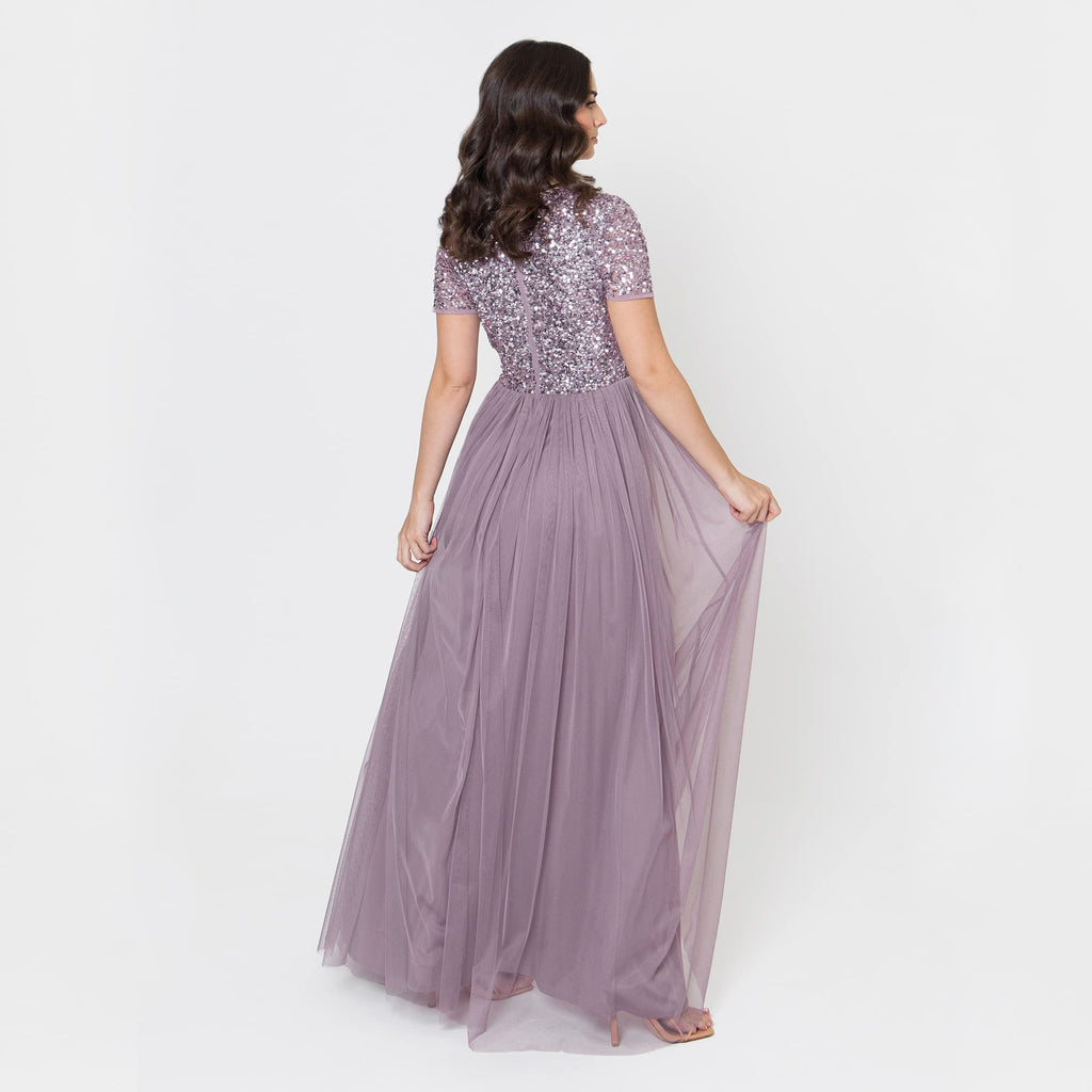 Maya Deluxe Women's V Neckline Embellished V Neck Maxi Dress Short Sleeve Empire Waist Prom Graduation Bridesmaid Wedding Guest Vestido de Dama de Honor, Moody Lilac, 28 para Mujer