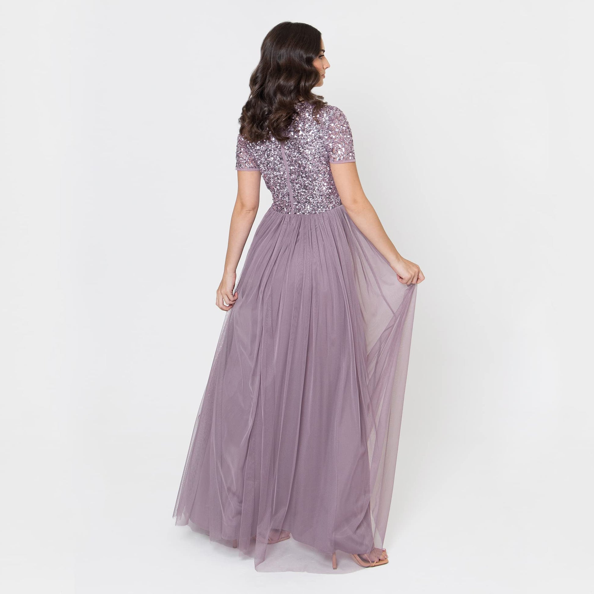Maya Deluxe Women's V Neckline Embellished V Neck Maxi Dress Short Sleeve Empire Waist Prom Graduation Bridesmaid Wedding Guest Vestido de Dama de Honor, Moody Lilac, 28 para Mujer