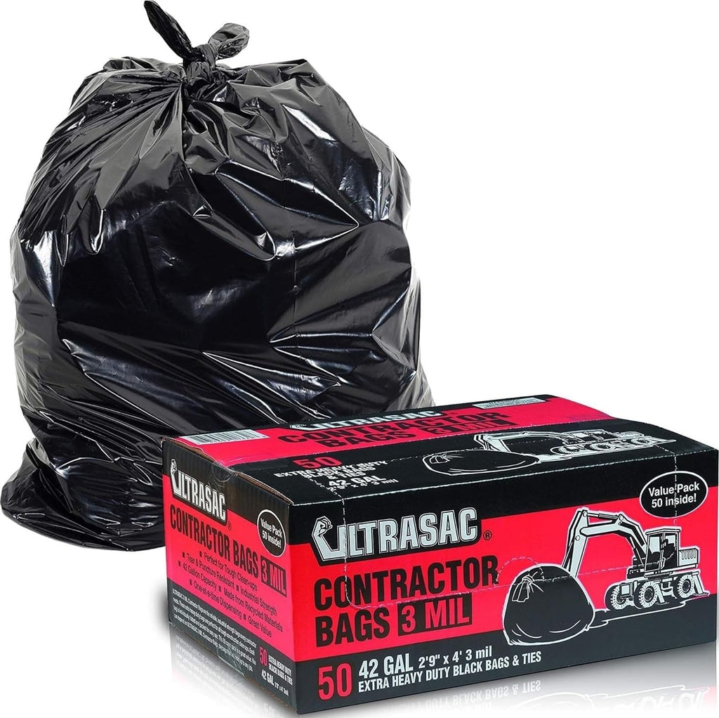 Ultrasac Heavy Duty Contractor Bags (VALUE 50 PACK/w TIES), 42 Gallon, 32.75" X 47" - 3 MIL Thick Large Black Industrial Garbage Trashbags for Construction and Commercial use