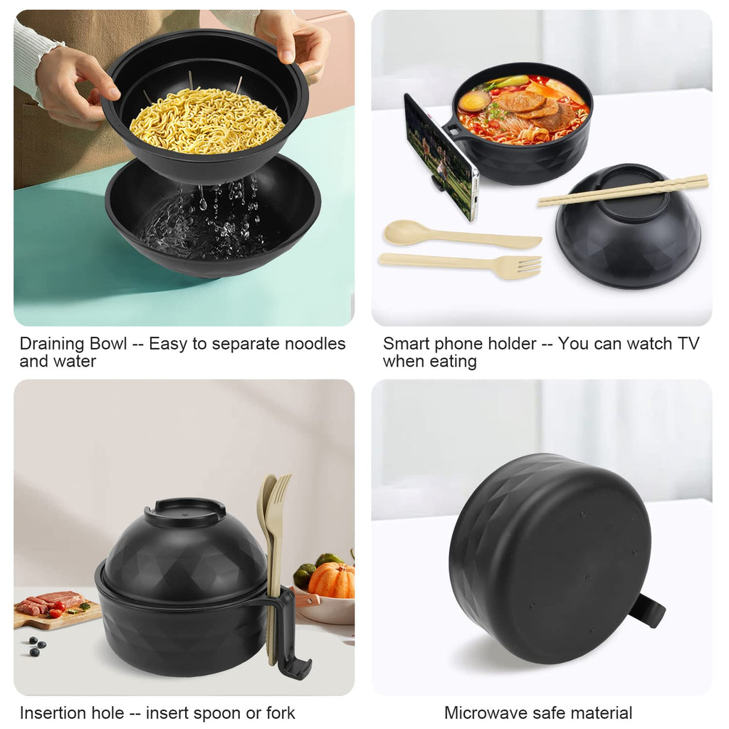 Anyfeel Microwave Ramen Bowl 6-piece Set Ramen Bowl Set Ramen Cooker with Phone Holder Dishwasher Safe for College Dorm Room Office Instant Cooking (black)