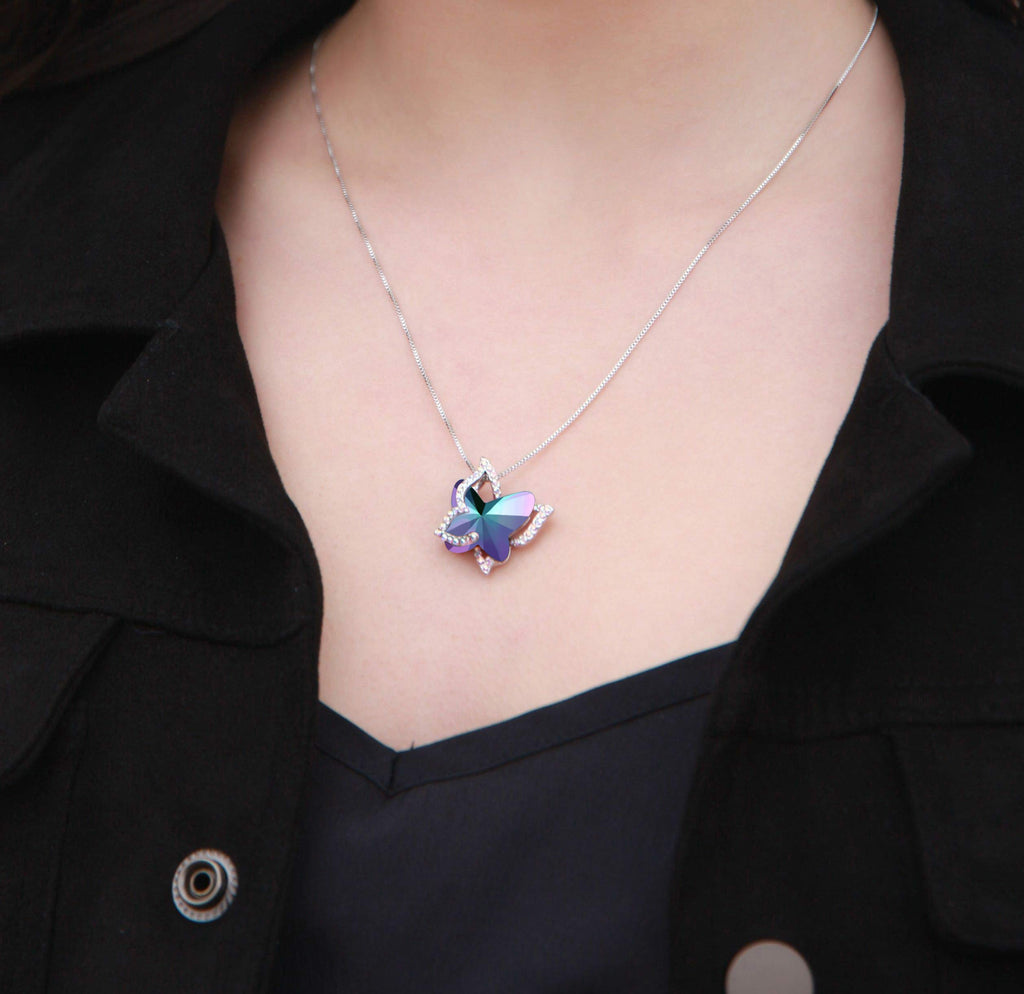 GEMMANCE Gift Butterfly Crystal Necklace with Rainbow Fluorite Purple Healing Stone for Calming Mind, Silver, Tone, 18”+2” Chain