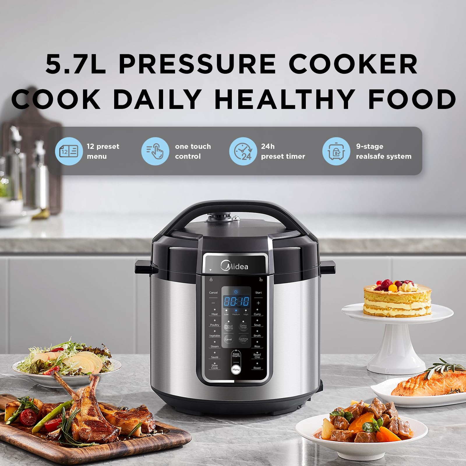 Midea 6L Electric Pressure Cooker, Stainless Steel, 12 Presets, 24H Delay | Non-Stick Inner Pot, 12 Preset Cooking Functions, LED Display, 10 Safety Features, 24H Delay Timer, Black, MPC60010
