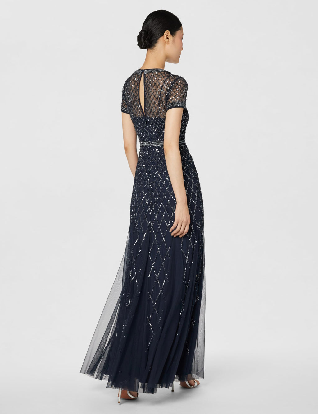 Adrianna Papell - Vestido de Manga Corta con Cuentas de Rejilla para Mujer, Marino, 10