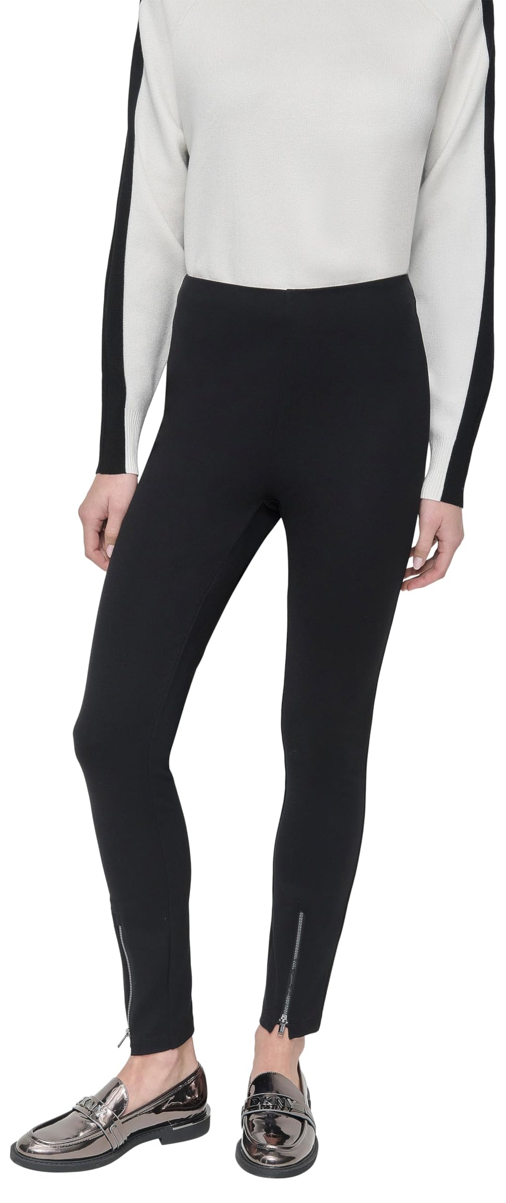 DKNY Pull On Ponte Pant W/Zipper Detail Pantalones, Negro, L Mujeres